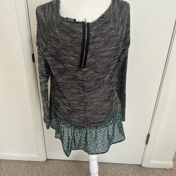 BOBEAU Sweater Womens L Heather Gray Knit Ditsy Floral Hem Made in USA - Picture 3 of 8